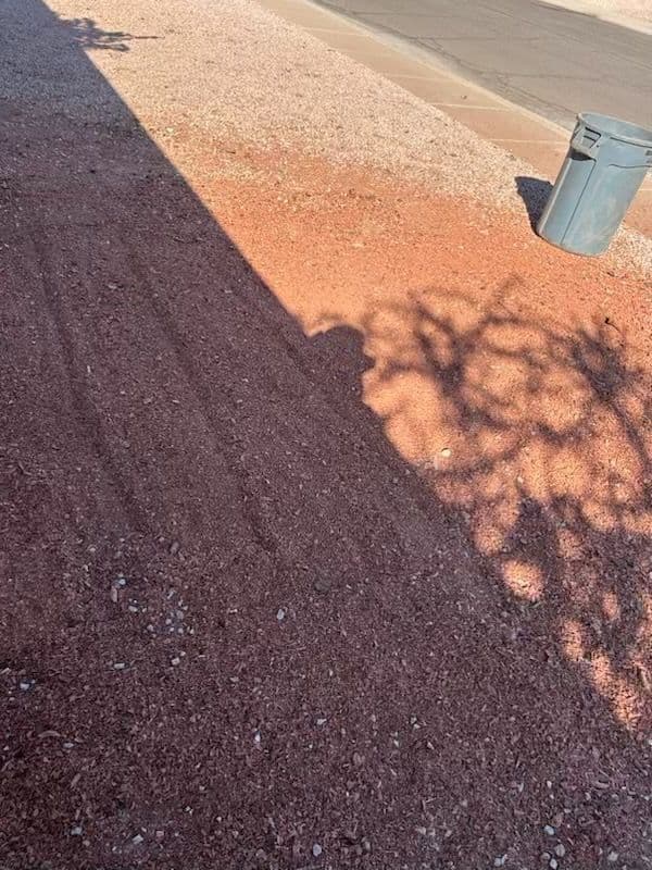 Gravel landscaping with shadows and a trash bin on a sunny day.