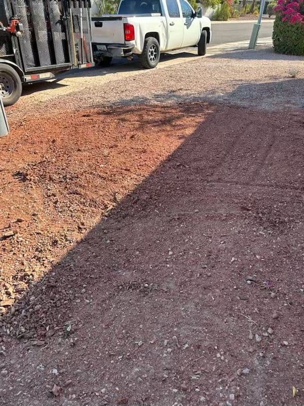 Gravel driveway with a pickup truck and shadow from nearby plants.