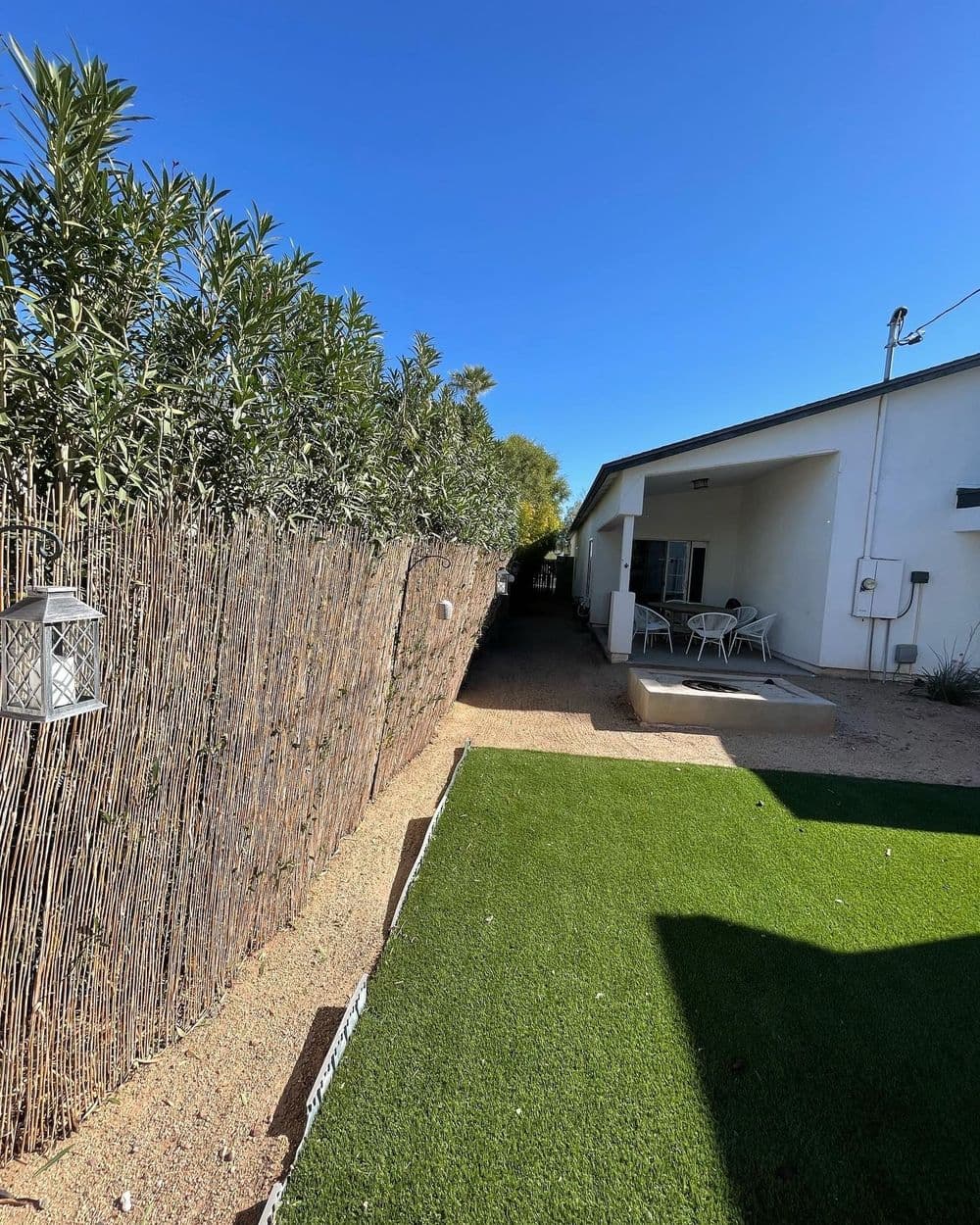 Lush garden pathway with bamboo fence beside a house under a clear blue sky.