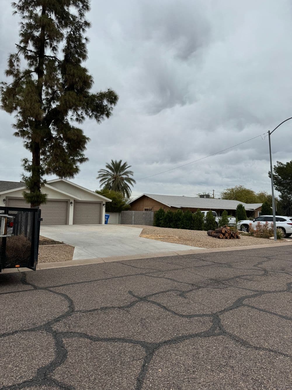 Residential street scene featuring a gray driveway, palm trees, and overcast sky.