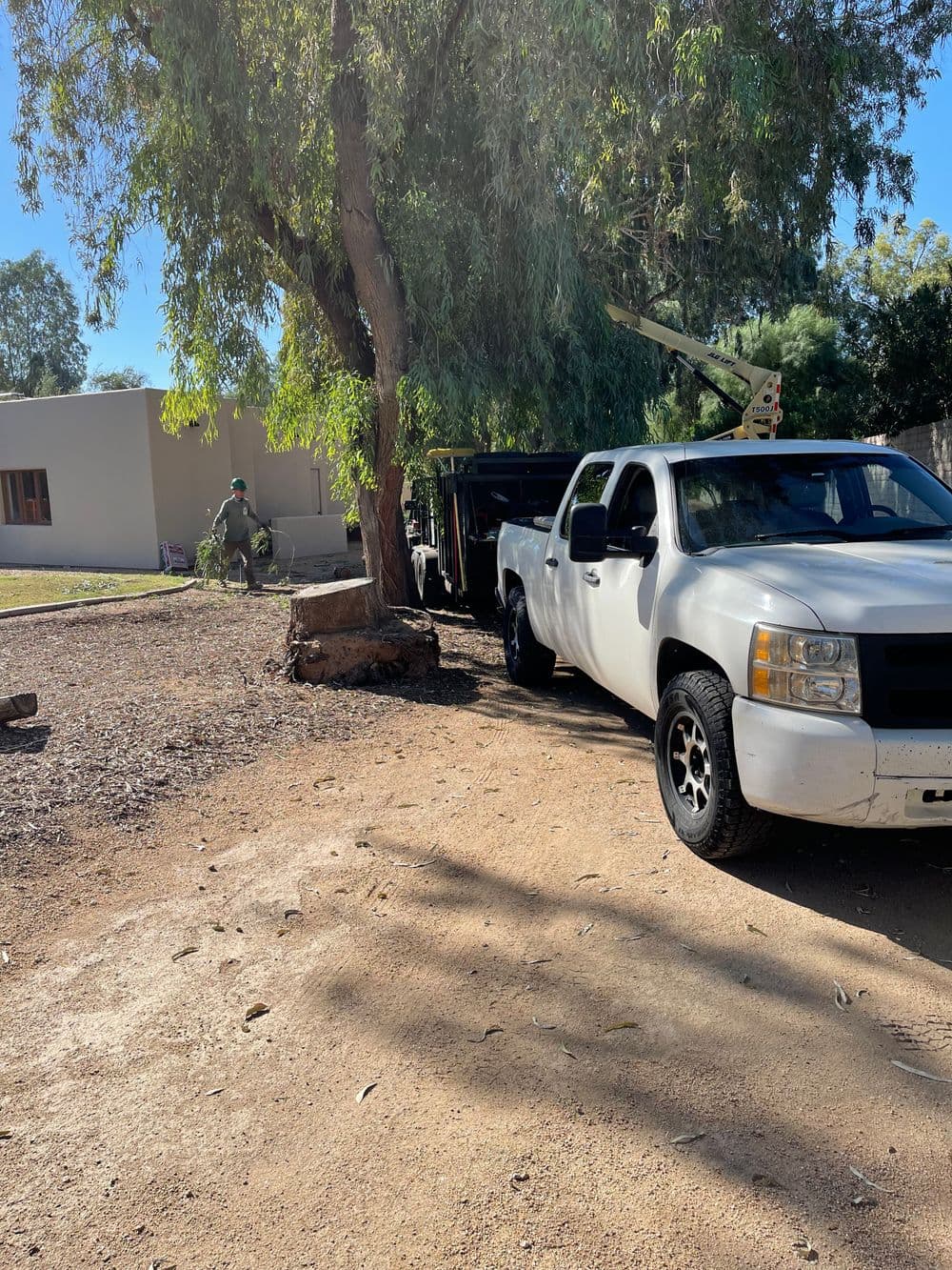 White pickup truck parked beside a tree near a house, with a trailer in the background.